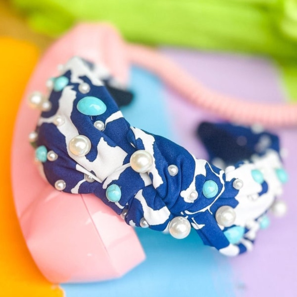Blue Multi Floral Printed Turquoise and White Pearled Knot Headband